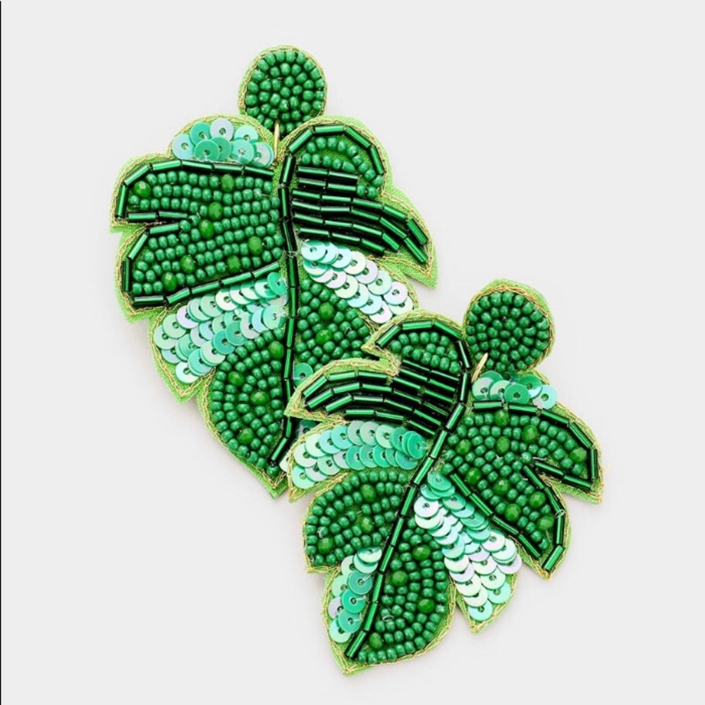 Green sequin beaded banana leaf earrings